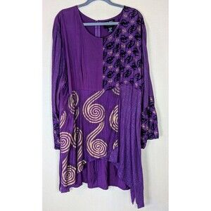 Ashro Tunic Top XXL Purple Patchwork Ethnic Print Metallic Rayon Asymmetrical
